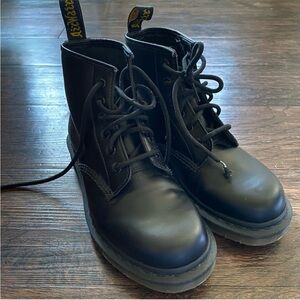 Dr. Martens: 6-Eye Black Stitch Smooth Leather Ankle Boots - Women’s 6